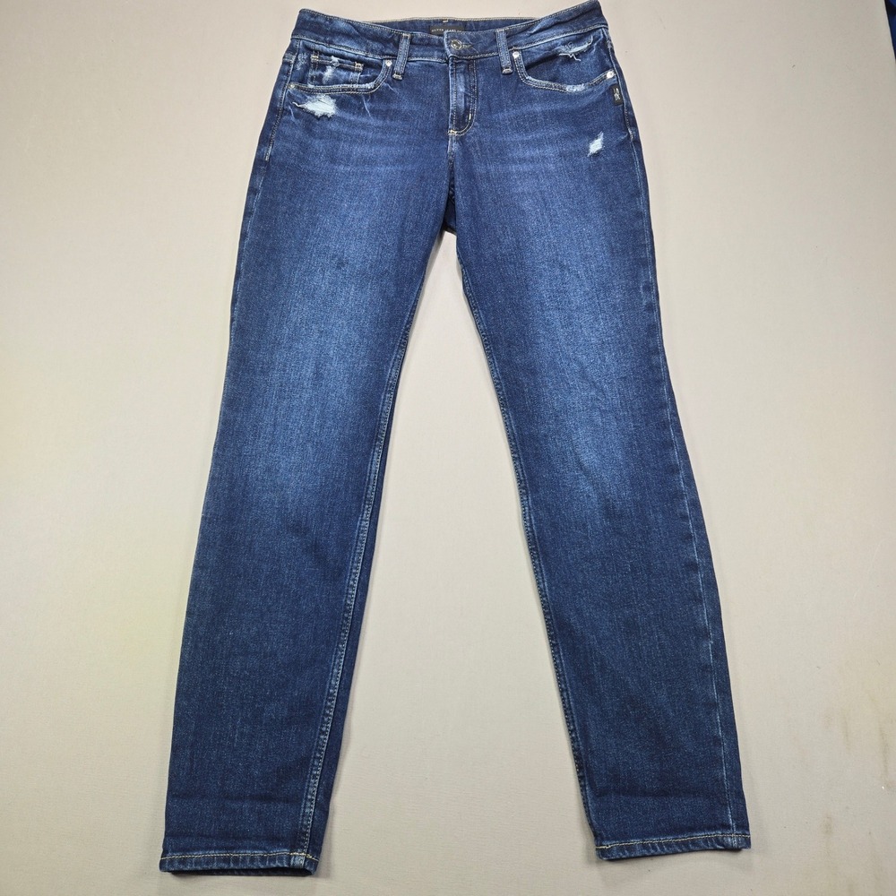 Silver Jeans Co. Boyfriend Distressed Straight Dark Wash Denim Women W28 L29